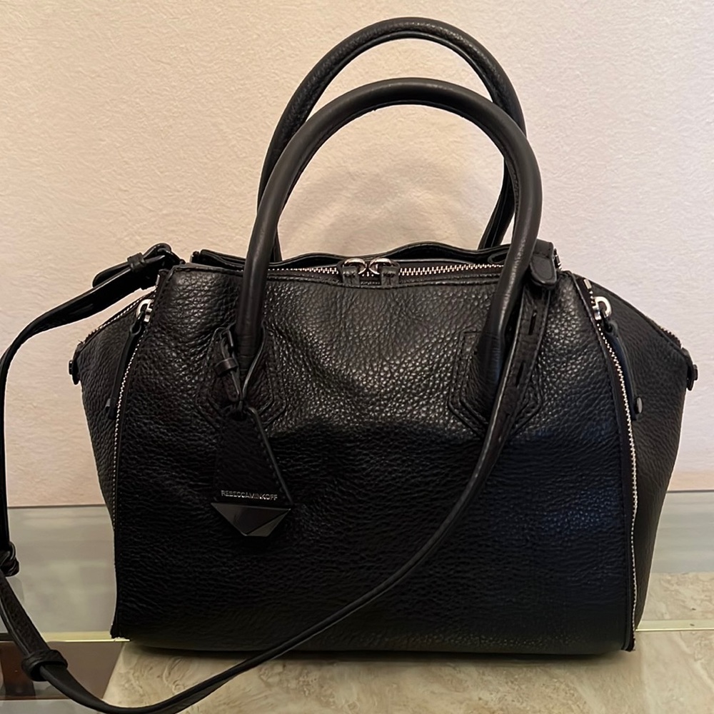 Rebecca Minkoff black leather pebble satchel bag.